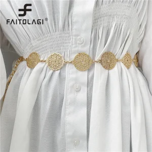Ceinture ronde en métal pour femmes, élégante, rétro, or, argent, sculpté, chaîne ajourée, longues, robe à la mode, ceinture décorative pour dames