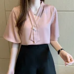 Chemise élégante avec nœud de couleur unie, chemisier professionnel ample à manches longues, à lacets, assorti à tout, chemisiers en mousseline de soie pour femmes, bureau