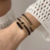 ensemble de bracelets en pierre de verre noir fait à la main pour femmes, bohème multicouche empilé, chaîne à maillons en perles de riz, bijoux à la mode