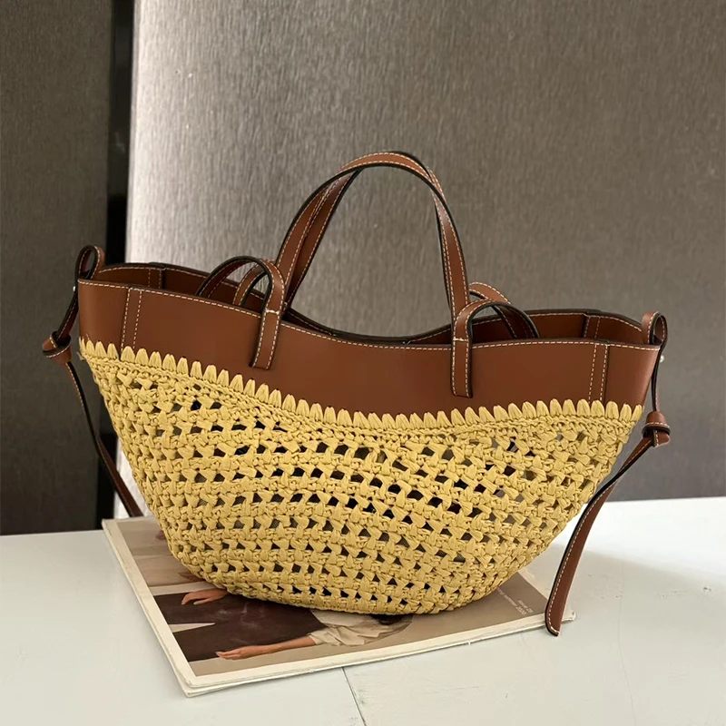 Sac de plage en paille, nouveau Style, sac à bandoulière léger de luxe de styliste, sac tissé de grande capacité, sac à boulettes Simple de couleur contrastée