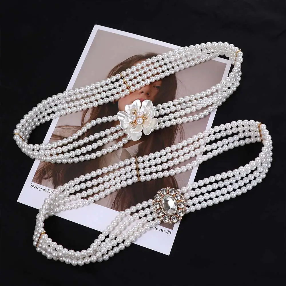 Ceinture élastique Vintage élégante pour filles, boucle en métal à fleurs, décoration de robe pour femmes, fausse perle, ceinture coréenne