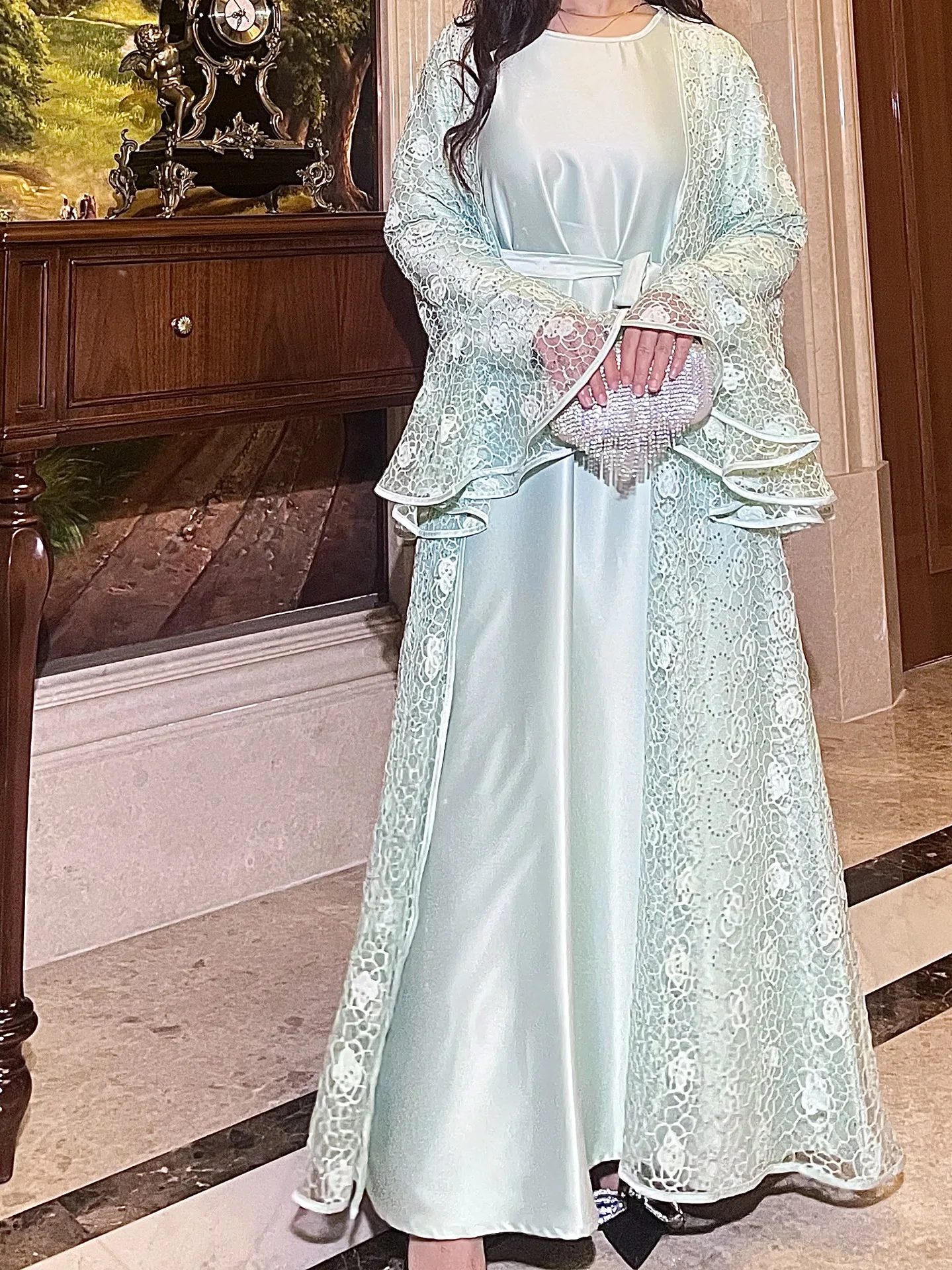 femmes musulmanes abaya robe 2 pièces ensemble manches évasées dentelle paillettes satin marocain caftan robe musulman ensembles cadigan tenue costumes