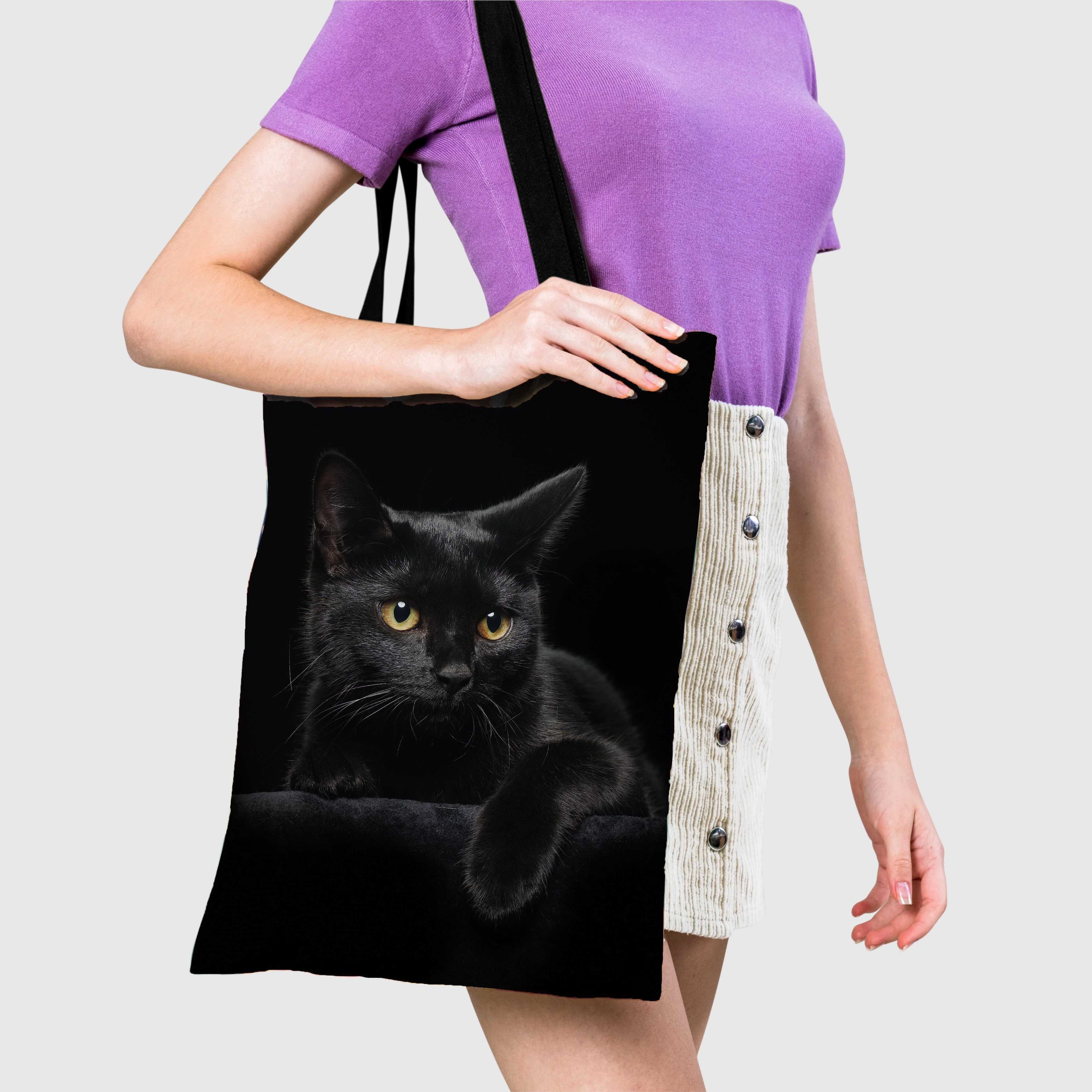 Sac à main chat noir vibrant pour femmes, fourre-tout en tissu de lin, sacs à bandoulière pour femmes, sacs de Shopping écologiques pliables et réutilisables