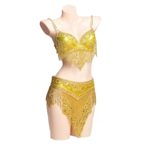 Vêtements de danse du ventre doré pour femmes, ensemble de 2 pièces avec haut et ceinture perlés de Style oriental, Costumes pour soutien-gorge de danse du ventre