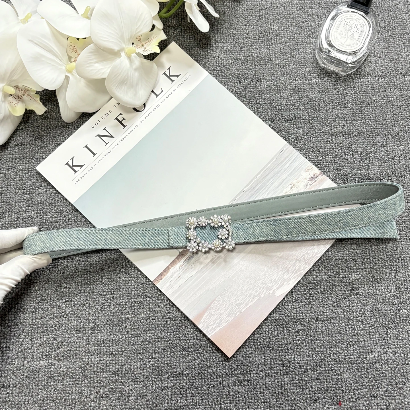 Ceinture bleue en denim avec boucle en strass et perles, ceinture en cuir décorative en denim vintage, ceinture pour pantalon fin à boucle en diamant argenté