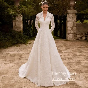 Robe De mariée arabe modeste personnalisée, manches longues, col en V, dentelle exquise, ligne A, Robe De mariée arabe saoudienne