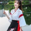 robe kimono japonaise pour femme, jupe brodée de chat noir et blanc, vêtements vintage asiatiques, costume harajuku de cosplay anime de fête du yukat