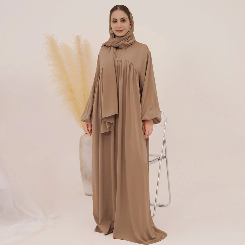 abaya robe longue musulmane unie pour femmes, manches ballon eid, robe islamique avec écharpe, robes africaines, dubaï, caftan de modestie turque