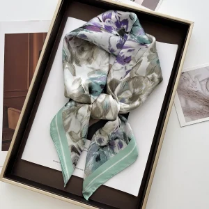Foulard carré de luxe en soie 70cm pour femmes, Bandanas, bandeau élégant pour dames, imprimé Floral vert, foulard, ruban de sac Hijab