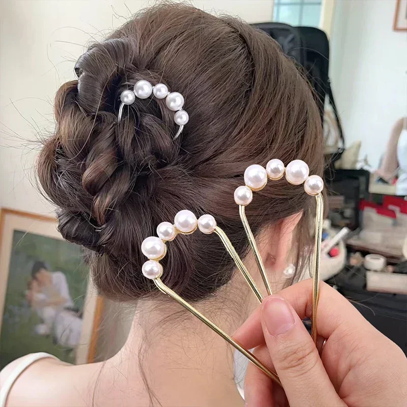 Épingles à cheveux coréennes en forme de U pour femmes, pinces à cheveux en perles de Style élégant, fourchettes en métal, épingles à cheveux en perles Vintage, outils de coiffure, cadeaux