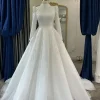 robe de mariée musulmane perlée personnalisée, manches longues, hijab, robes de mariée islamiques, col haut, arabe, 2025