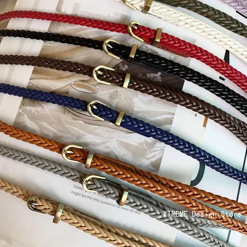 102cm ceinture en cuir tressé femmes ceinture de taille mince noir rouge blanc rose dames pu bracelet en cuir boucle ardillon femmes ceintures