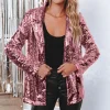 vestes de ixà paillettes brillantes pour femme, couleur unie, document brcorporelle, revers, cou, manches quart, taille initiée droite