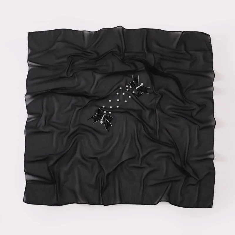 new 90 * 90cm hijab for women fashion headscarf turban solid color wrap pearl chiffon xiaoxiangfeng bow square scarf muslim girl