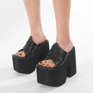Gdgydh sandales à plateforme noires pour femmes talons compensés à la mode à lanières dos bout ouvert été sandales à talons hauts sans lacet en plein air