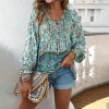 décontracté col en v à manches longues blouses chemises haut pour femme vintage rayonne coton imprimé fleuri blouse chemise automne boho plage blusas
