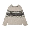"sweat en tricot beige fair isle pour femmes, pull à motif géométrique rétro, pull coupe ample pour un look à la mode