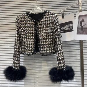 Blazer chic à carreaux en tweed grossier avec doublure de couette, veste à carreaux, manteau rembourré en coton, cardigan à manches longues, manchette en fausse fourrure, avocat, paillettes, Y