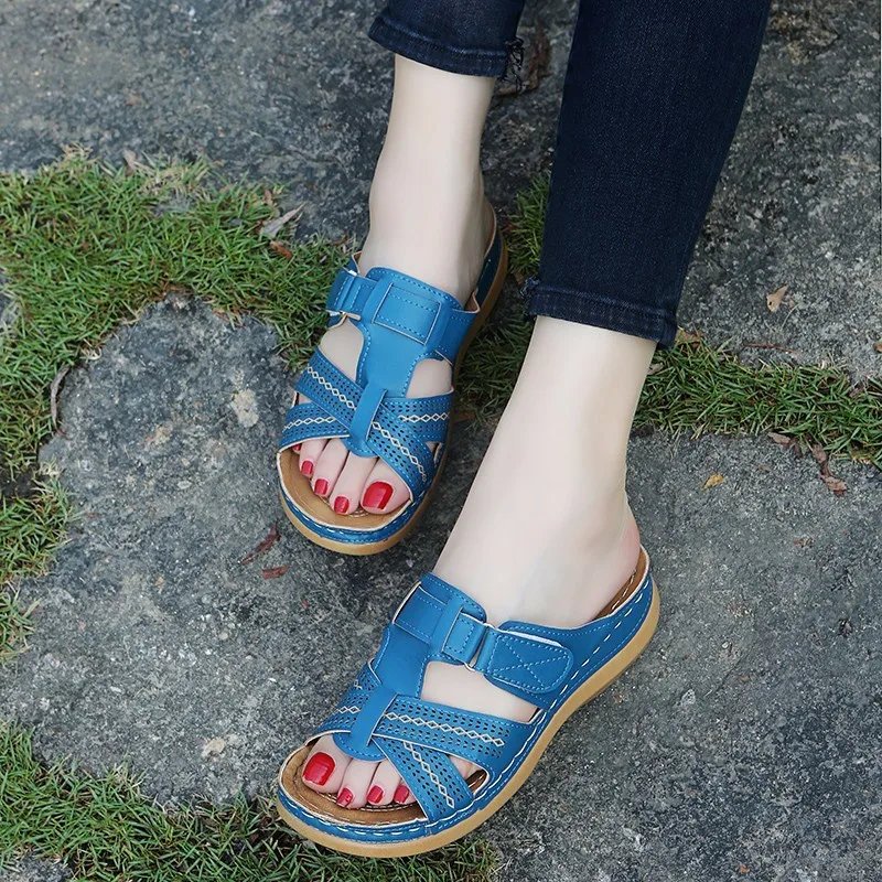 Sandales compensées orthopédiques 4WD pour femmes, chaussures d'été ouvertes, vintage, coordonnantes, en cuir, décontractées, à plateforme rétro