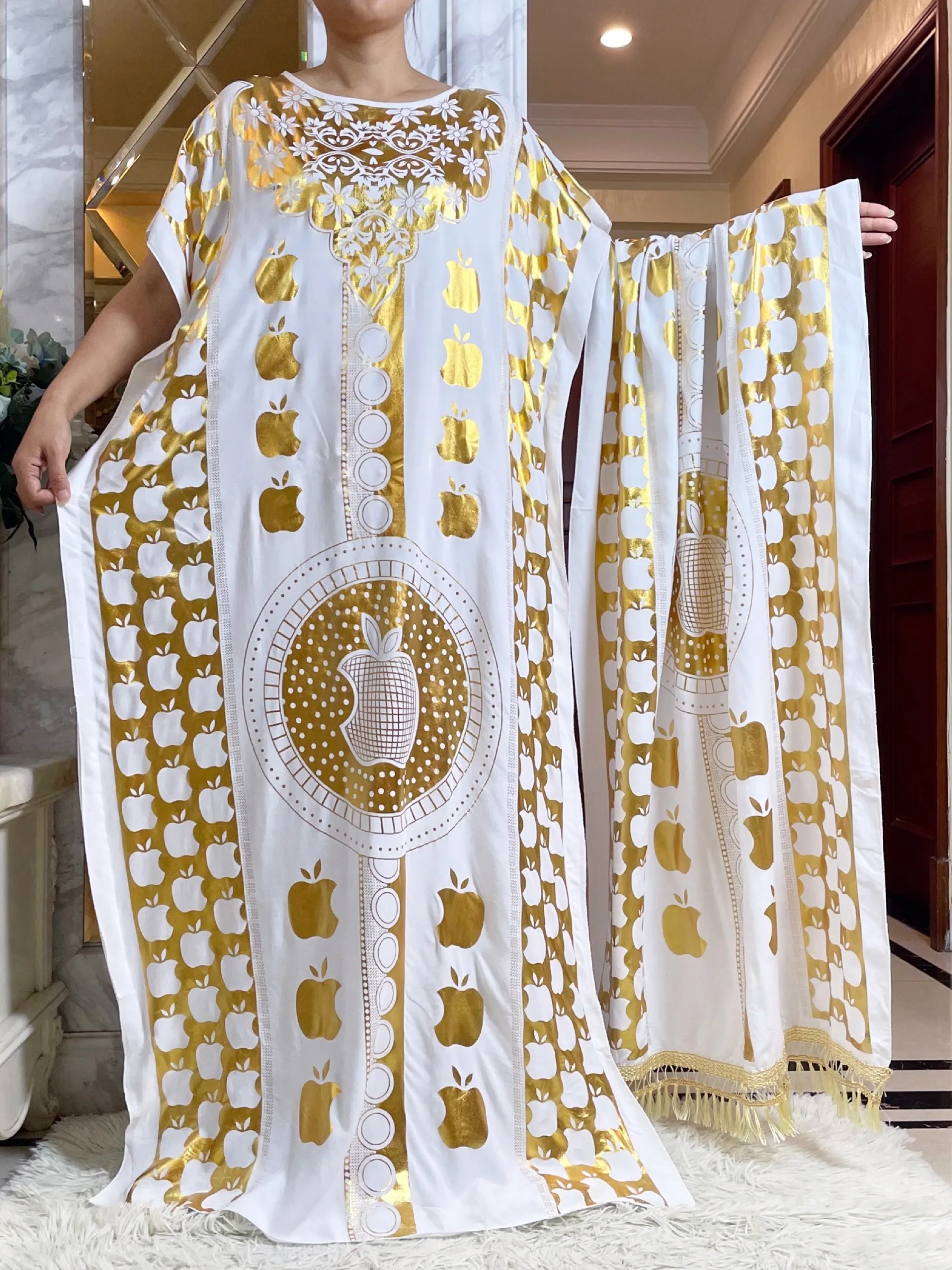 robe d'été en coton à manches courtes pour femme, boubou, maxi islam, grande écharpe, africain, abaya, estampage doré, design pomme, nouveau