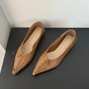 Sandales à Talons Plats en Cuir Souple pour Femme, Chaussures Élégantes, Pointues, à Talons Bas, Simples, Nouvelle Collection Printemps 2025