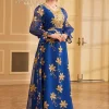 abayas musulmanes à col en v, manches groupées avec ceinture, robe de soirée arabe de dubaï, maille brodée, jalabiya, mode