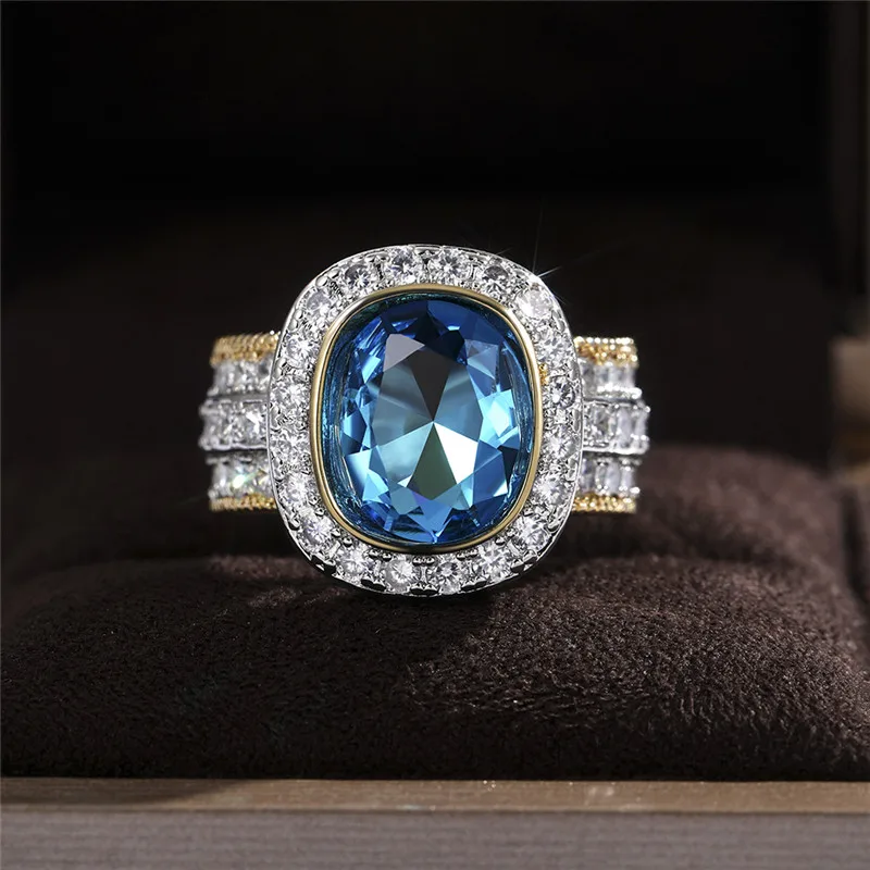 Bagues magnifiques couleur argent pour femmes, grande pierre bleu ciel, Design bicolore, bijoux nobles, cadeau d'anniversaire