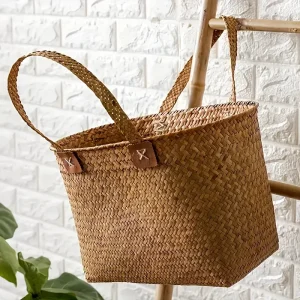 Sac fourre-tout tissé en rotin Chic avec poignées en simili cuir, accessoires Photo en paille naturelle et panier cadeau pour animaux de compagnie, accessoires de pique-nique