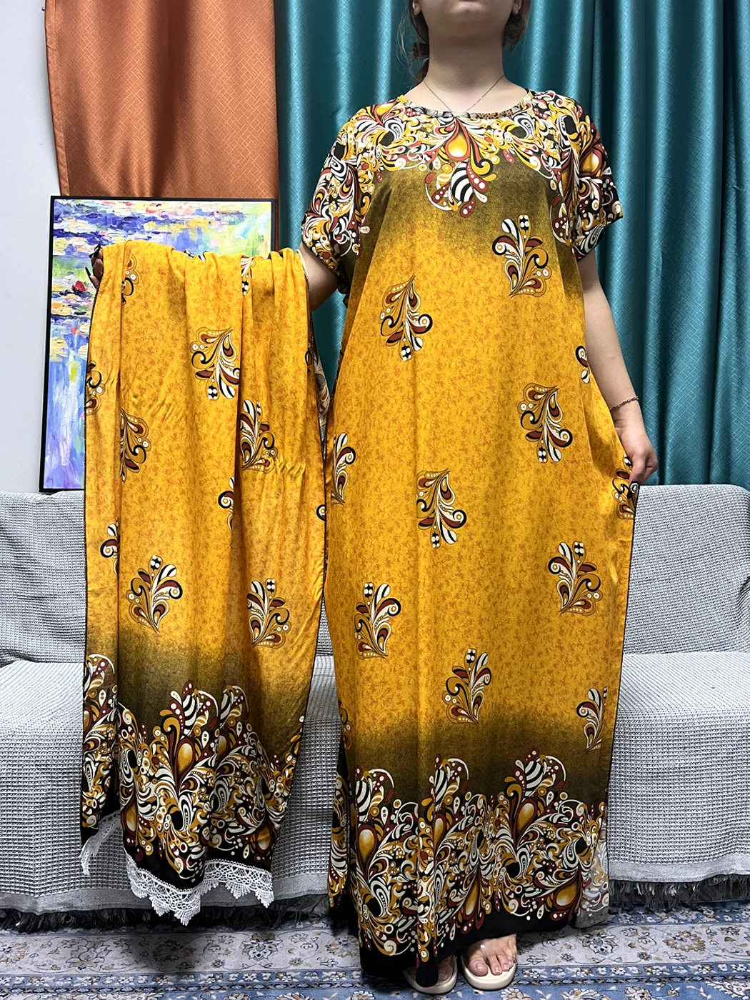 abayas robe en coton à imprimé floral pour femmes, robes musulmanes africaines, robes islamiques, écharpe en dentelle, 2024x80cm, été, nouveau, 160