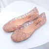 sandales confortables à semelles plates pour femmes, chaussures de plage ajourées à bouche peu profonde, en gelée, respirantes, transparentes, scintillantes, été