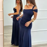 Absobe – robe de demoiselle d&rsquo;honneur asymétrique pour femmes, asymétrique, bretelles asymétriques, froncée, fendue, Slim, Maxi, couleur unie, vêtements de fête élégants