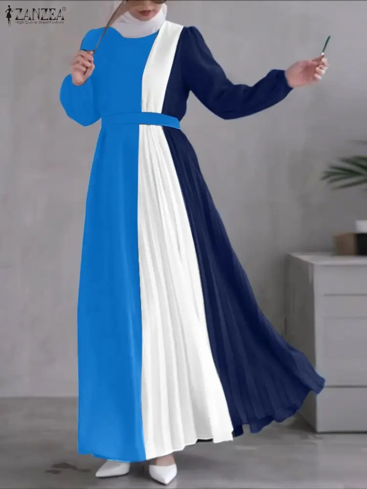 zanzea hijabs femmes robes longues plissées modeste contraste couleur à manches longues ceinturée a ligne robe maxi abaya robes vêtements musulmans