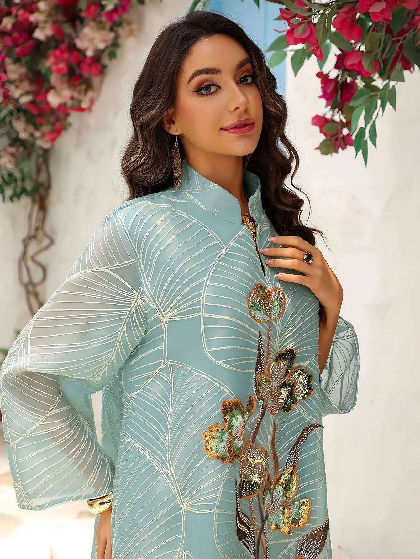 abaya musulman de luxe inspiré de la dubaï, broderie de fleurs à paillettes exquises sur motif de feuilles, idéale pour les événements sociaux du moyen orient