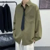 chemise de couleur unie avec cravate printemps automne nouveau style hong kong style rétro polyvalent à manches longues hommes haut décontracté ample tendance