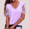 lâche col en v à manches courtes dentelle patchwork blouse femmes t shirt style décontracté haut bureau dame élégant simple à manches courtes pull t shirt