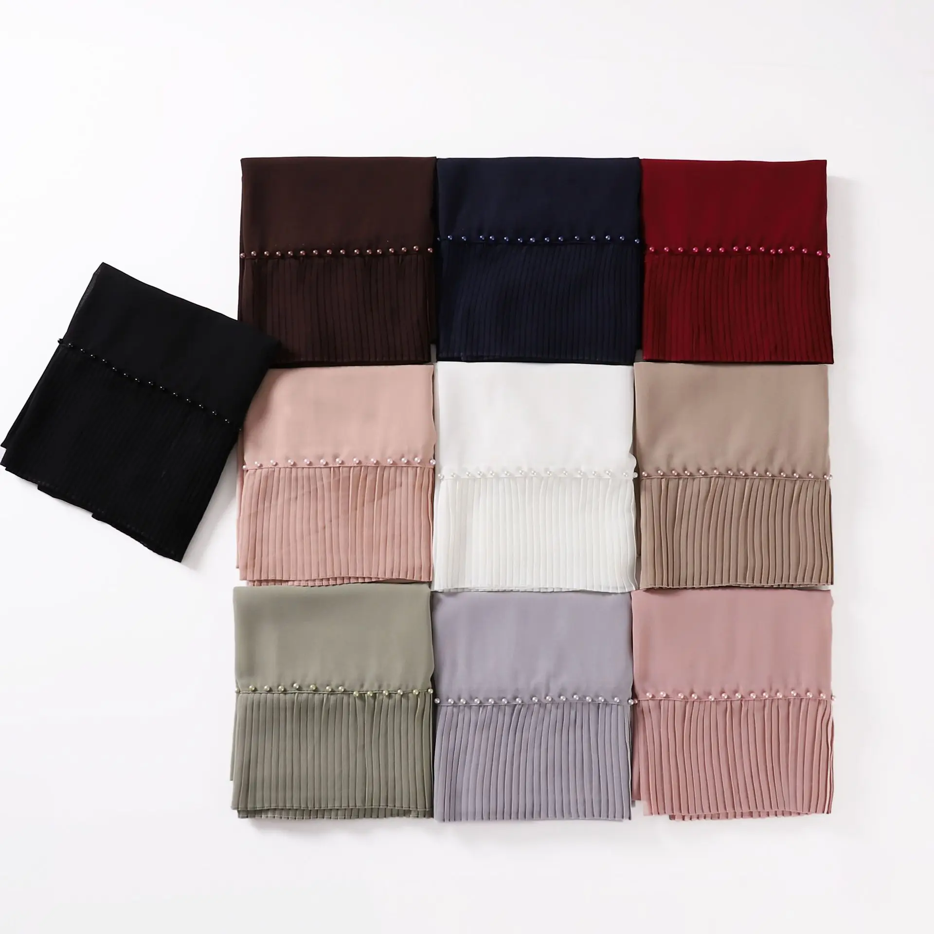 hijab en mousseline de soie plissée pour femmes musulmanes, châle pour dames, écharpe perlée document solide, vêtements arabes islamiques, turban pour femme, 70x180cm, 1pc