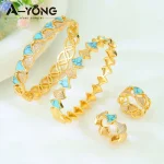 Ensemble de bijoux géométriques Turquoise de dubaï, plaqué or 21 carats, bracelets de secteur en zircone arabe, bague ethiopie, bijoux de fête de mariage