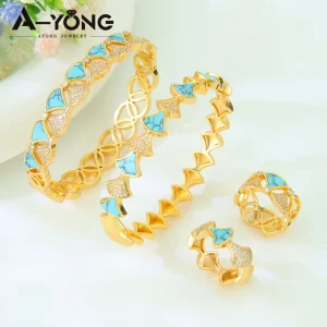 Ensemble de bijoux géométriques Turquoise de dubaï, plaqué or 21 carats, bracelets de secteur en zircone arabe, bague ethiopie, bijoux de fête de mariage