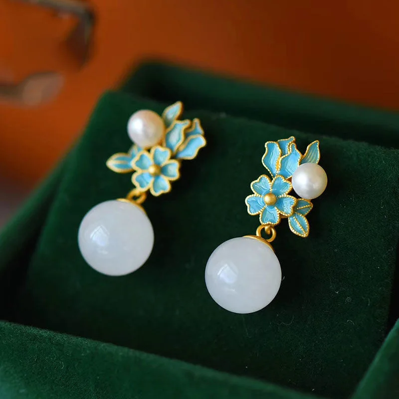 collier et boucles d'oreilles en porcelaine hétian incrustée de perles de jade blanc, fleur d'émail, style palais, bijoux élégants pour dames, nouvelle collection