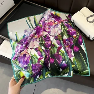 Foulard carré en soie véritable pour femmes, imprimé Floral, châle de luxe, Hijab, bandeau Bandana, 2024 100%