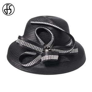 Chapeau en tissu satiné pour femmes, cloche noire à large bord, chapellerie pour Cocktail, thé, fête, Derby, église, accessoire de mode pour dames