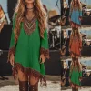 robe de plage ample et décontractée pour femmes, tenue ethnique à franges, longueur aux genoux, col en v, manches longues, vintage, style cowboy occidental