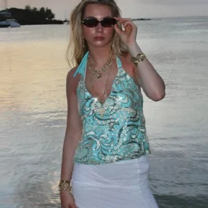 Chemise perlée à paillettes pour femmes, style Boho, plage, vacances, haut court, paillettes scintillantes, dos nu, col licou, Y2k, Coquette Camis