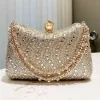 Pochette de soirée de luxe rétro pour femmes, incrustation de diamants en strass fins, petit sac à bandoulière pour fête de mariage or argent bleu