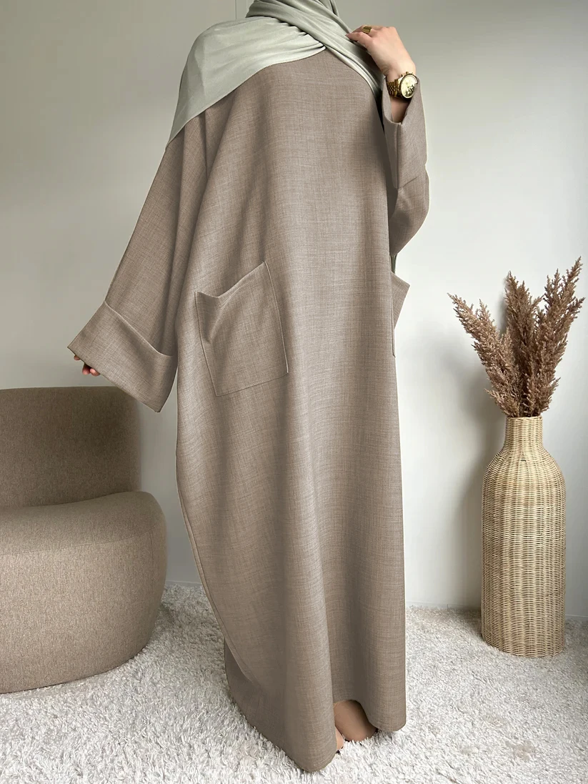 abaya musulmane du moyen orient pour femmes, jupe longue, couleur unie, robe islamique avec poches (foulard non inclus)