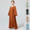 Enfants Abaya Ramadan musulman dubaï élégant fille solide col rond à manches longues caftan Kebaya robe pour fête prier cadeau