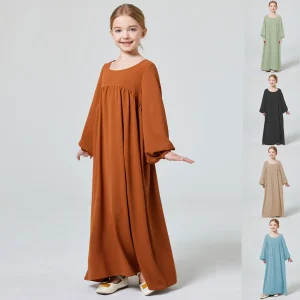 Enfants Abaya Ramadan musulman dubaï élégant fille solide col rond à manches longues caftan Kebaya robe pour fête prier cadeau