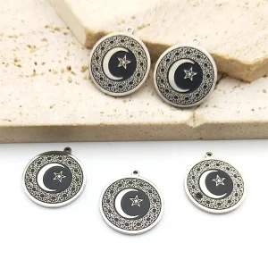 Pendentif Musulman en Acier Inoxydable, Breloque Isman Soigneuse, Étoile, Croissant de Lune, Collier, Bracelet, Accessoires Faits à la Main, 5 Pièces