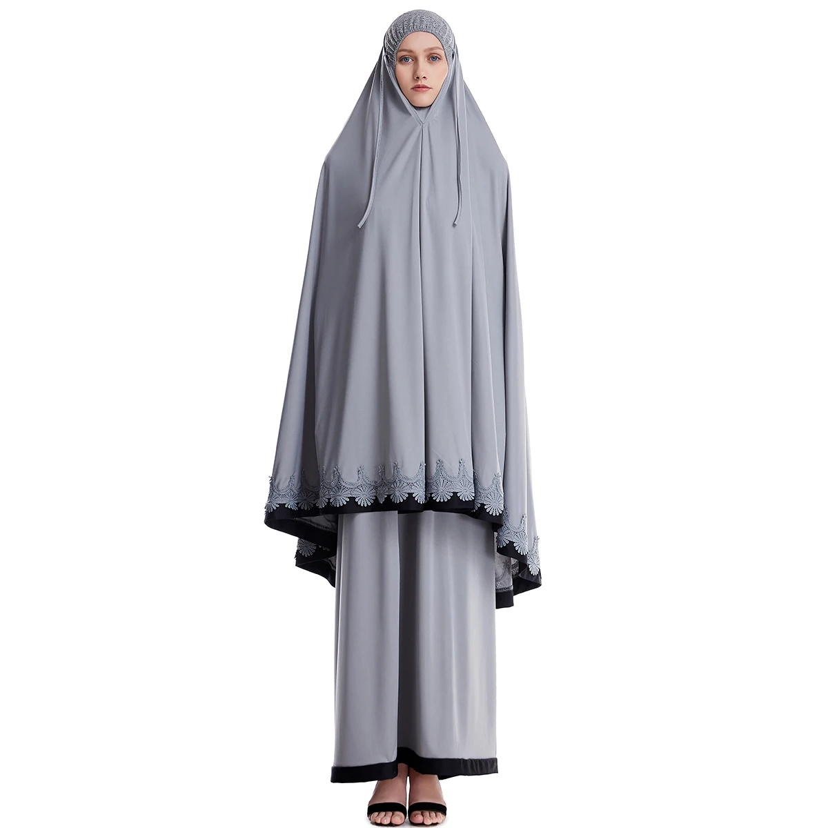 femmes musulmanes burqa robe dentelle deux pièces costume ethnique dame hijab abaya costume ramadan eid prière vêtement
