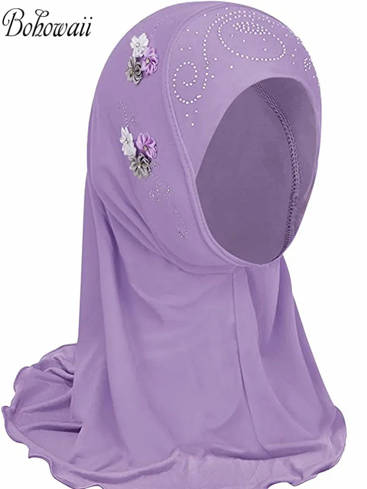 bohowaii enfants filles musulman instantané hijab prêt à porter châles islamiques turban avec fleurs écharpes jersey bandeau (2 7 ans)
